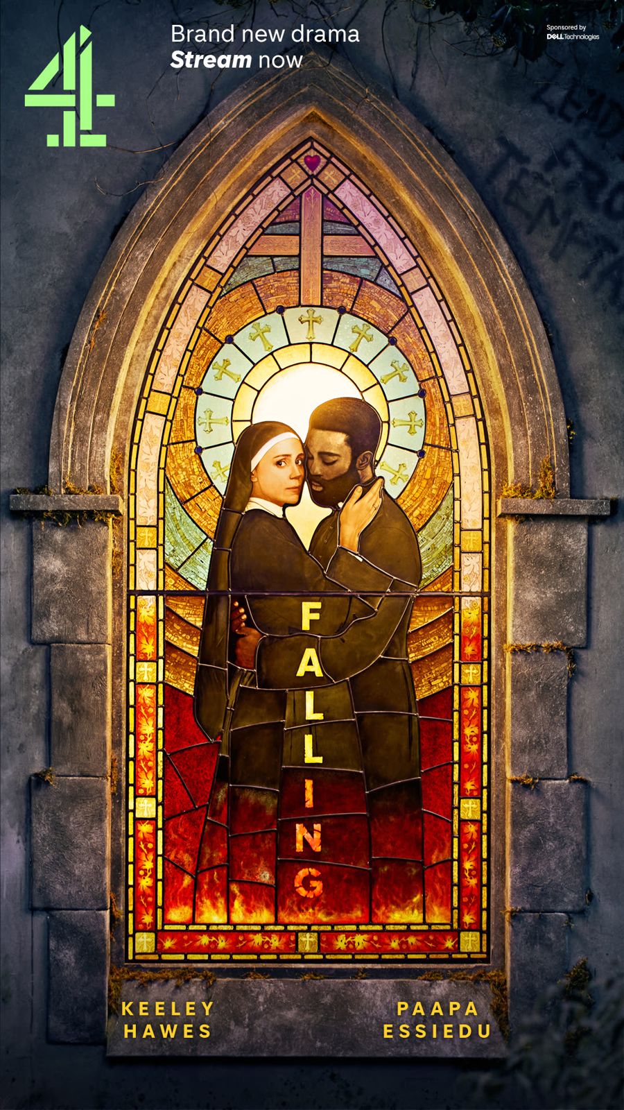 Final Falling poster: a stained-glass nun and priest embracing, Keeley Hawes and Paapa Essiedu